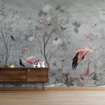 Fototapet personalizat zen oriental cu flori si pasari flamingo pe un fundal gri pink grayscale