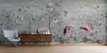 Fototapet personalizat zen oriental cu flori si pasari flamingo pe un fundal gri pink grayscale