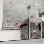 Fototapet personalizat zen oriental cu flori si pasari flamingo pe un fundal gri pink grayscale