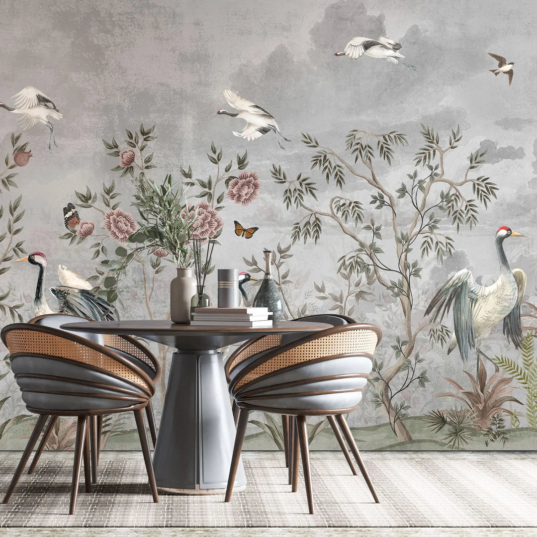 Tapet personalizat zen oriental cu pasari si plante orientale pe un fundal gri grayscale oriental birds
