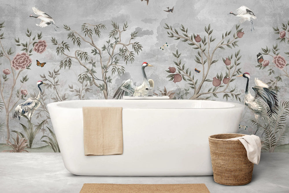 Tapet personalizat zen oriental cu pasari si plante orientale pe un fundal gri grayscale oriental birds