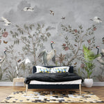 Tapet personalizat zen oriental cu pasari si plante orientale pe un fundal gri grayscale oriental birds
