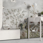 Tapet personalizat zen oriental cu pasari si plante orientale pe un fundal gri grayscale oriental birds