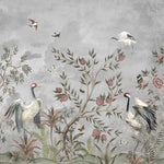 Tapet personalizat zen oriental cu pasari si plante orientale pe un fundal gri grayscale oriental birds