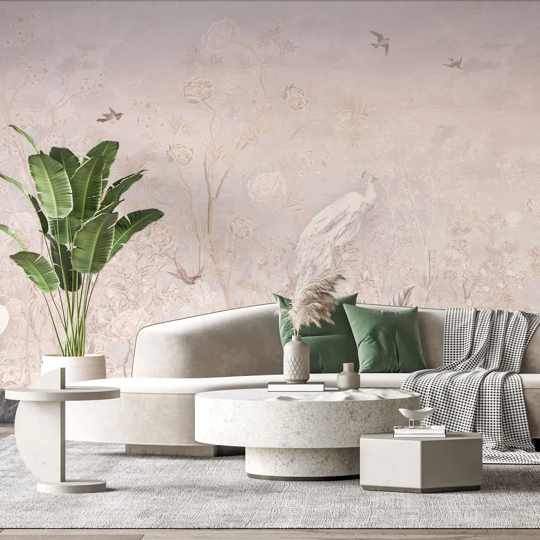 Tapet personalizat zen oriental cu pauni albi pe un fundal roz paled pink zen