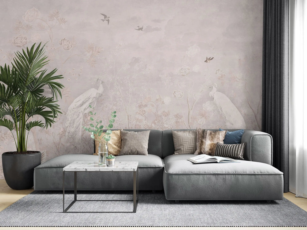 Tapet personalizat zen oriental cu pauni albi pe un fundal roz paled pink zen