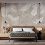 Tapet personalizat zen oriental cu pene albe pe un fundal bej feathers