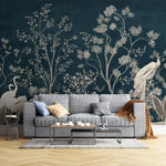 Tapet personalizat zen oriental cu pauni albi pe un fundal albastru inchis deep blue oriental