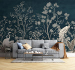 Tapet personalizat zen oriental cu pauni albi pe un fundal albastru inchis deep blue oriental