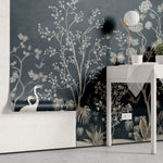 Tapet personalizat zen oriental cu pauni albi pe un fundal albastru inchis deep blue oriental