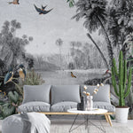 Tapet personalizat zen oriental cu peisaj exotic animale si plante tropicale exotic by the river
