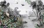 Tapet personalizat zen oriental cu peisaj exotic animale si plante tropicale exotic by the river