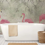 Tapet personalizat zen oriental cu pasari flamingo roz pe un fundal vernil minty flamingo