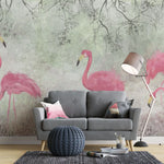 Tapet personalizat zen oriental cu pasari flamingo roz pe un fundal vernil minty flamingo