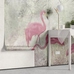 Tapet personalizat zen oriental cu pasari flamingo roz pe un fundal vernil minty flamingo