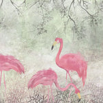 Tapet personalizat zen oriental cu pasari flamingo roz pe un fundal vernil minty flamingo