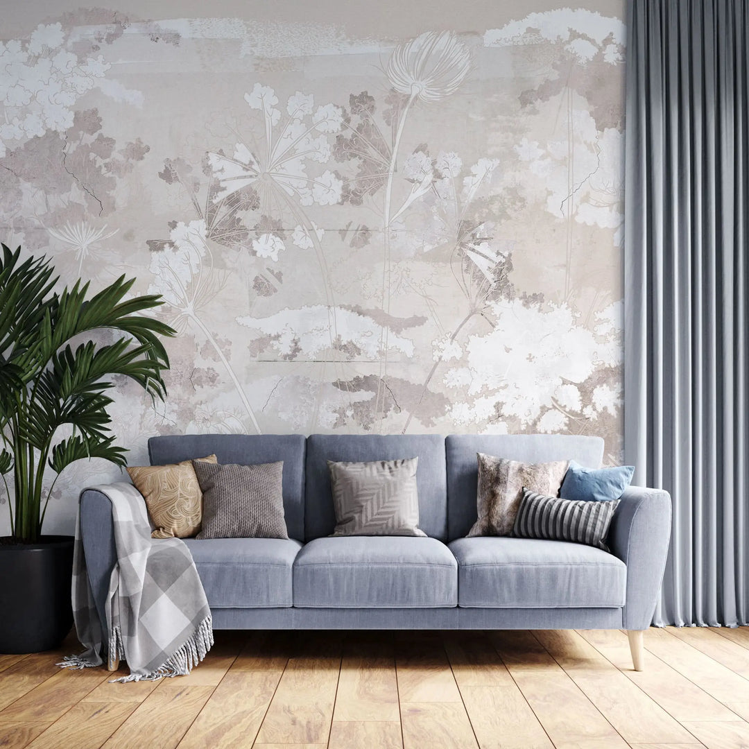 Tapet personalizat zen oriental cu flori albe pe un fundal bej deschis serenity light