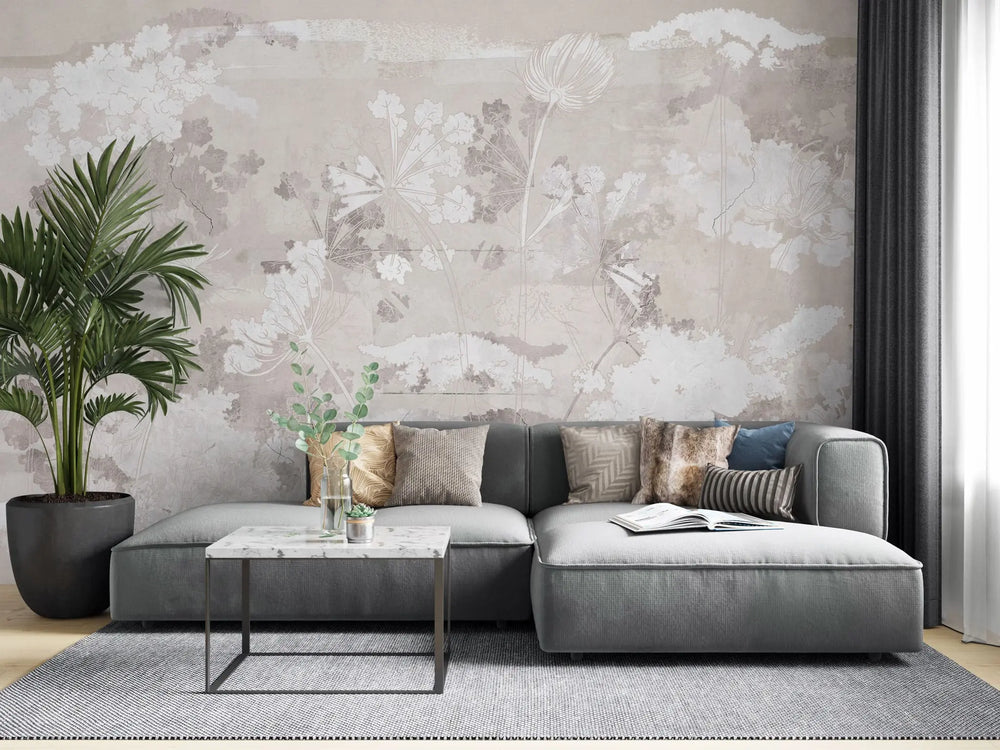 Tapet personalizat zen oriental cu flori albe pe un fundal bej deschis serenity light