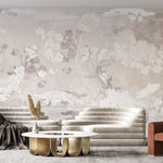 Tapet personalizat zen oriental cu flori albe pe un fundal bej deschis serenity light