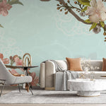 Tapet personalizat zen oriental cu flori de cries inflorite pe un fundal verde menta minty cherry blossom