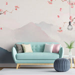 Tapet personalizat zen oriental cu peisaj montan si crengi de cires inflorit mountain cherry tree