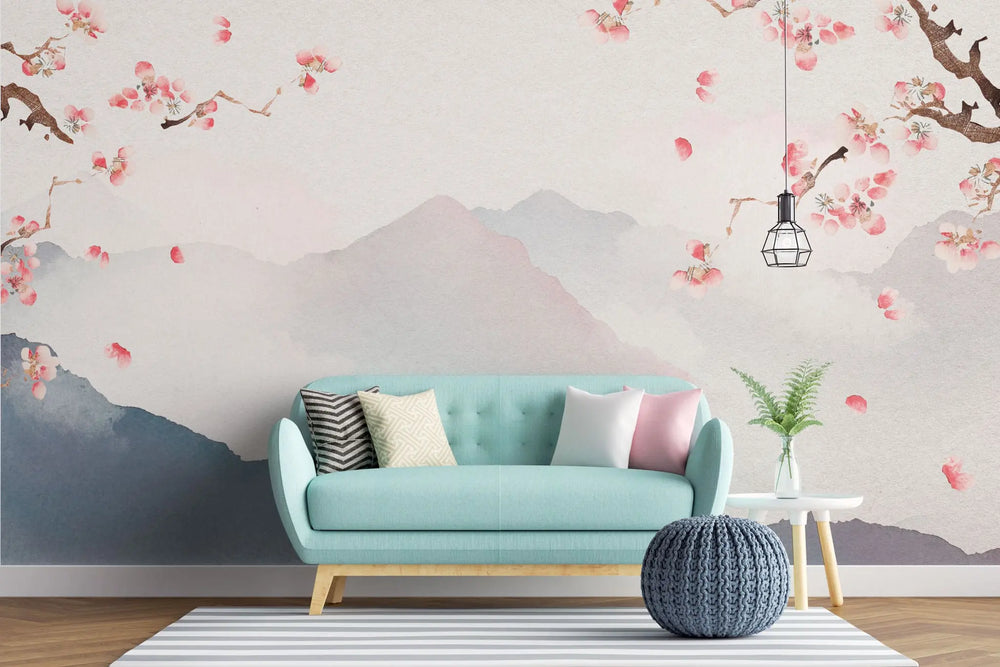 Tapet personalizat zen oriental cu peisaj montan si crengi de cires inflorit mountain cherry tree