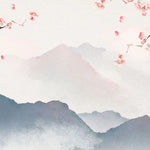 Tapet personalizat zen oriental cu peisaj montan si crengi de cires inflorit mountain cherry tree