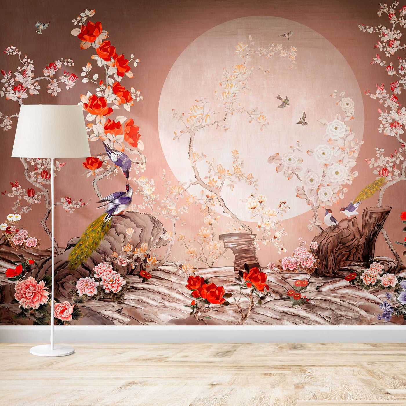 fototapet-personalizat-zen-oriental-cu-pasari-orientale-si-flori-rosii-lover-birds