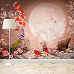 Tapet personalizat zen oriental cu pasari orientale si flori rosii lover birds