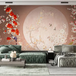 Tapet personalizat zen oriental cu pasari orientale si flori rosii lover birds