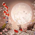 Tapet personalizat zen oriental cu pasari orientale si flori rosii lover birds