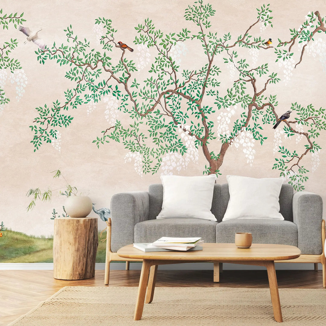 Tapet personalizat zen oriental cu copac verde si pasari orientale green tea