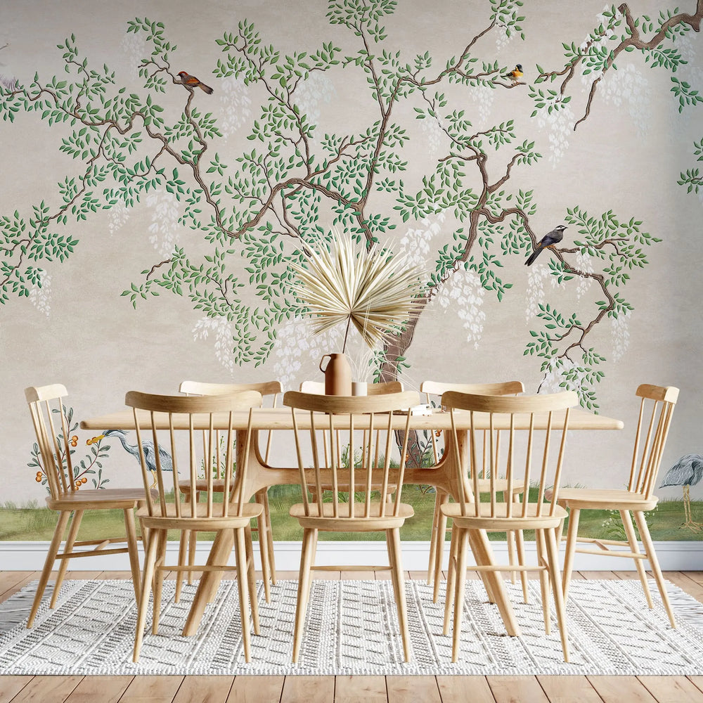 Tapet personalizat zen oriental cu copac verde si pasari orientale green tea