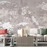 Tapet personalizat zen oriental cu flori albe pe un fundal bej inxhis serenity dark