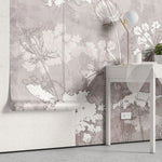 Tapet personalizat zen oriental cu flori albe pe un fundal bej inxhis serenity dark