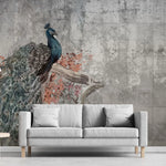 Tapet personalizat zen oriental cu paun intr un copac inflorit pe un fundal gri majestique peacock