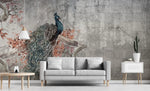 Tapet personalizat zen oriental cu paun intr un copac inflorit pe un fundal gri majestique peacock