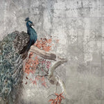 Tapet personalizat zen oriental cu paun intr un copac inflorit pe un fundal gri majestique peacock