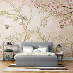Tapet personalizat zen oriental in stil chinoiserie cu copaci infloriti si pasari orientale birdy chinoiserie