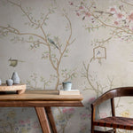 Tapet personalizat zen oriental in stil chinoiserie cu copaci infloriti si pasari orientale birdy chinoiserie