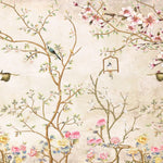 Tapet personalizat zen oriental in stil chinoiserie cu copaci infloriti si pasari orientale birdy chinoiserie