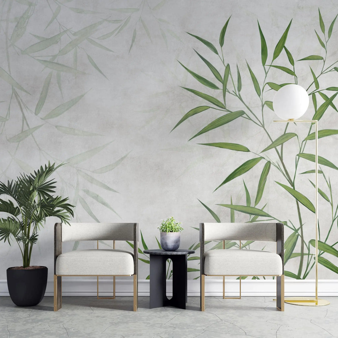 Fototapet personalizat zen oriental cu bamboo verde si umbre pe fundal deschis light bamboo