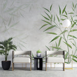 Fototapet personalizat zen oriental cu bamboo verde si umbre pe fundal deschis light bamboo