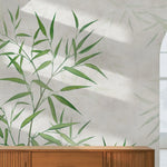 Fototapet personalizat zen oriental cu bamboo verde si umbre pe fundal deschis light bamboo