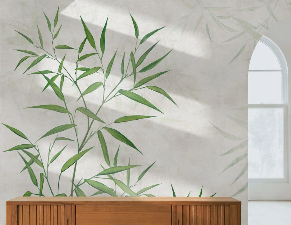 Fototapet personalizat zen oriental cu bamboo verde si umbre pe fundal deschis light bamboo