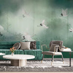 Tapet personalizat zen oriental cu peisaj in ceata verde cu cocori foggy green cranes