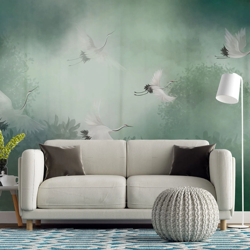 Tapet personalizat zen oriental cu peisaj in ceata verde cu cocori foggy green cranes