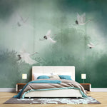 Tapet personalizat zen oriental cu peisaj in ceata verde cu cocori foggy green cranes