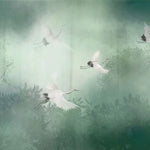 Tapet personalizat zen oriental cu peisaj in ceata verde cu cocori foggy green cranes