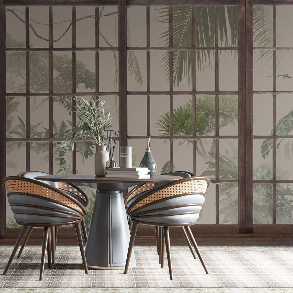 Tapet personalizat zen oriental cu usi soji in stil japonez cu panorama botanica botanic shoji